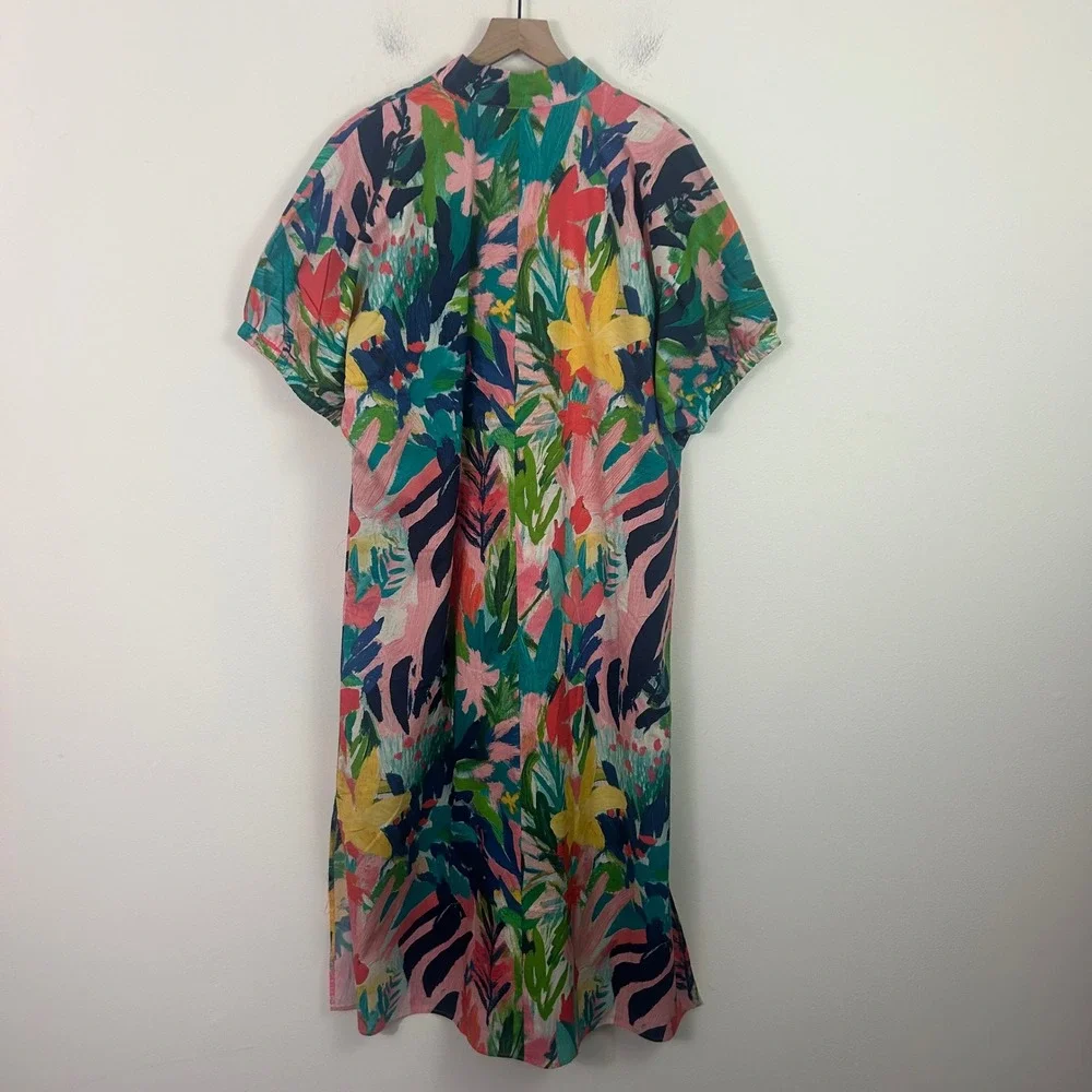 Entro Floral Maxi Dress Coral Combo Cotton Split Neck Large NEW - Picture 2 of 10